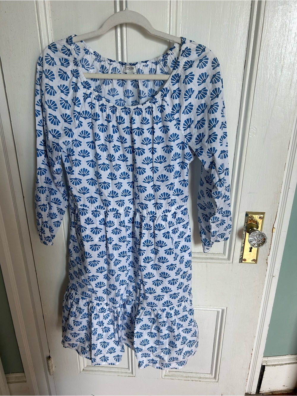 J. Crew White Dress with Blue Shell Motif